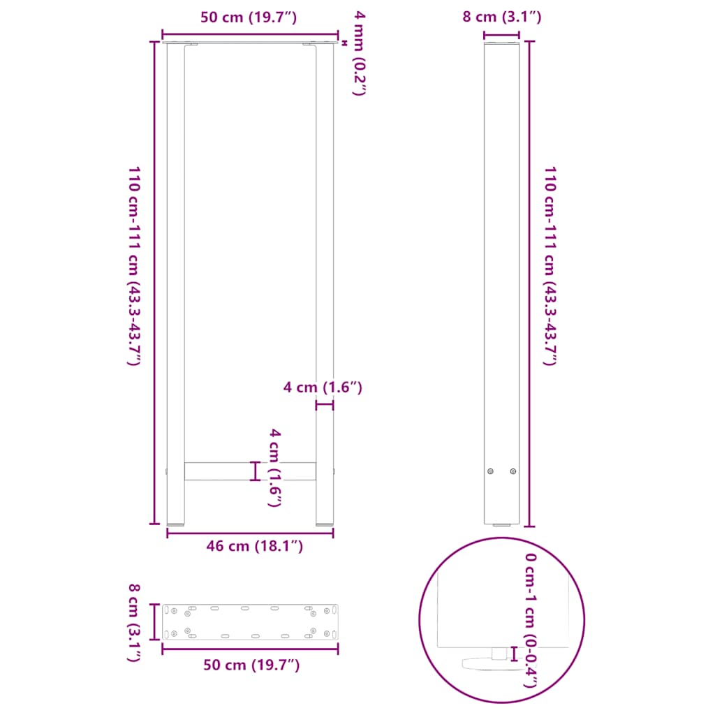 Baro stalo kojos, juodos, 2 vnt., 50x(110-111) cm, plienas