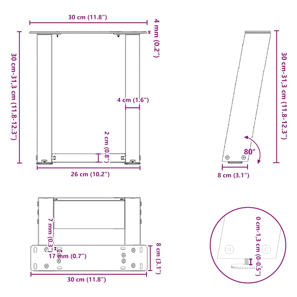 Kavos staliuko kojelės, 2 vnt., baltos, 30x(30-31) cm, plienas, U formos