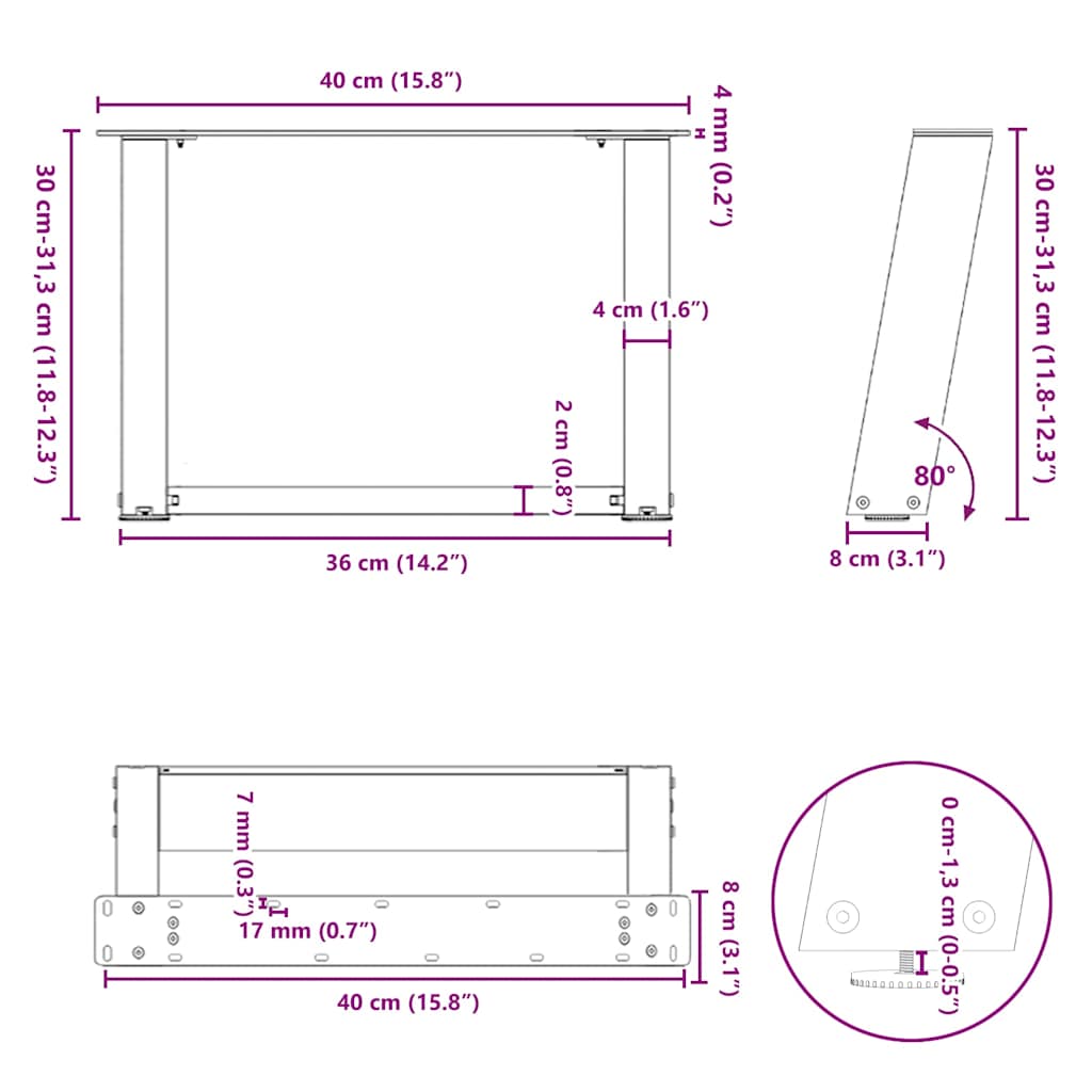 Kavos staliuko kojelės, U formos, 2 vnt., natūralus plienas, 40x(30-31) cm, plienas