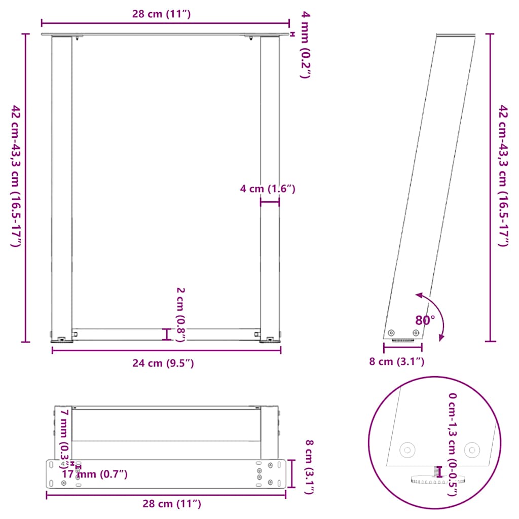 Kavos staliuko kojelės, 2 vnt., antracito spalvos, 28x(42-43) cm, plienas