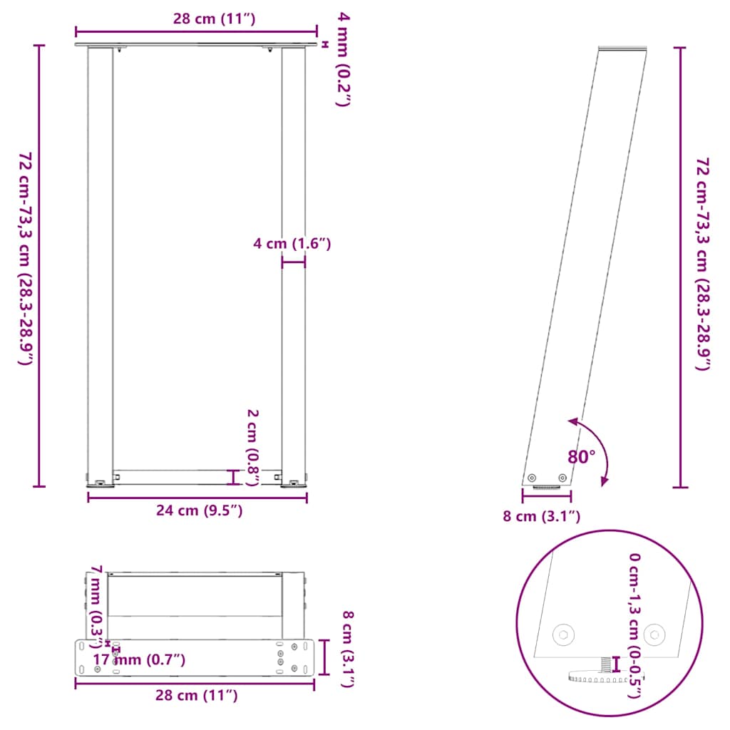 Console table legs, U-shaped, 2 pcs, anthracite, 28x(72-73) cm, steel