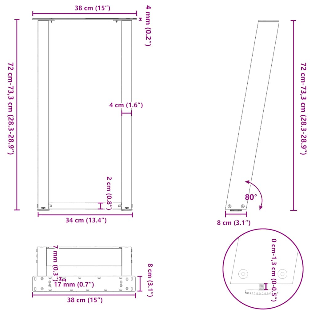 Konsolinio staliuko kojelės, U formos, 2 vnt., juodos, 38x(72-73) cm, plienas