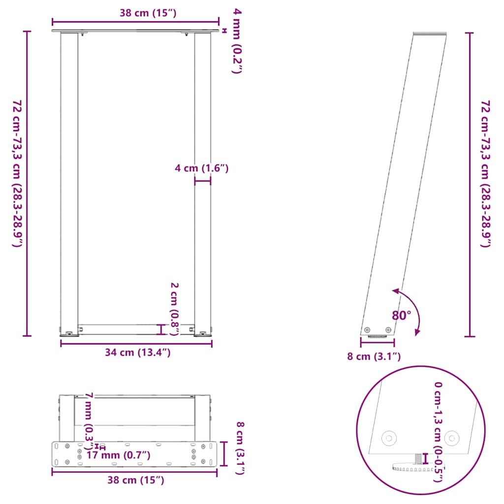 Konsolinio stalo kojos, U formos, 2 vnt., antracito spalvos, 38x(72-73) cm, plienas