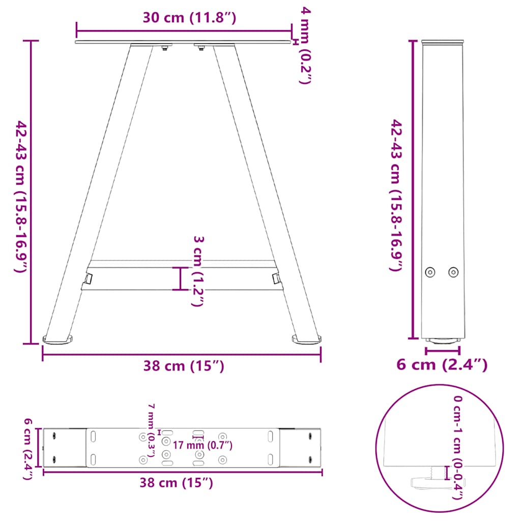Kavos staliuko kojelės, A formos, 2 vnt., 38x(42-43) cm, plienas