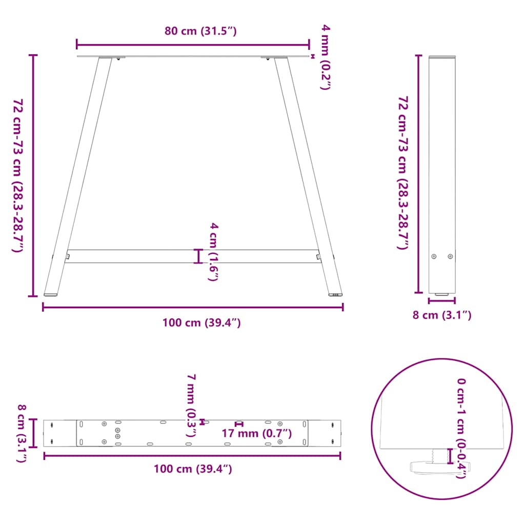 Valgomojo stalo kojos, A formos, 2 vnt., antracito spalvos, 100x(72-73) cm, plienas