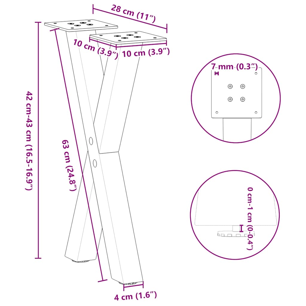 Kavos staliuko kojelės, X formos, 2 vnt., baltos, 28x(42-43) cm, plienas