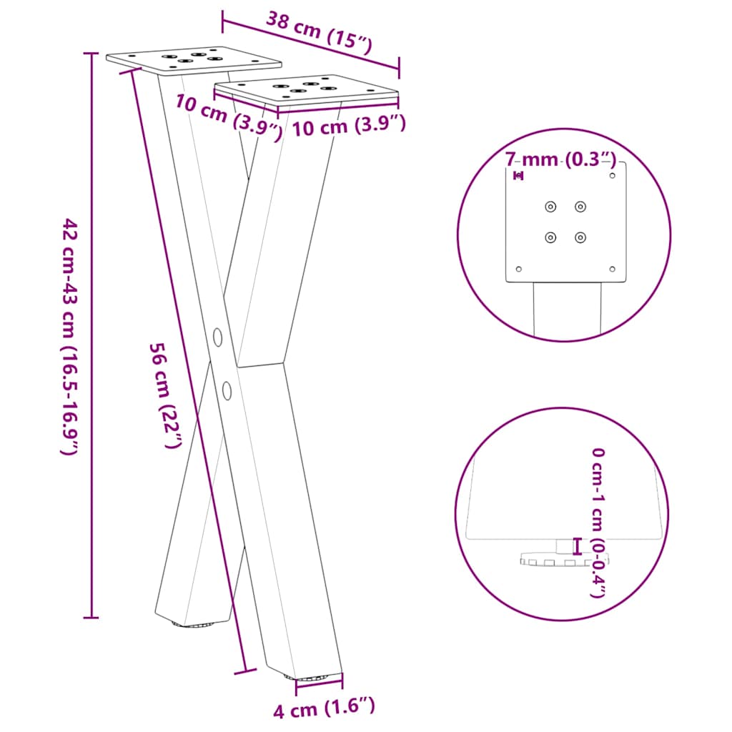Coffee Table Legs, X-Shaped, 2 pcs., Black, 38x(42-43) cm, Steel