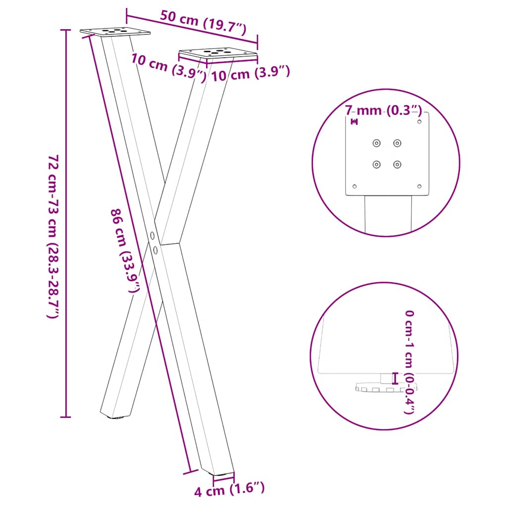 Valgomojo stalo kojos, X formos, 2 vnt., juodos, 50x(72-73) cm, plienas