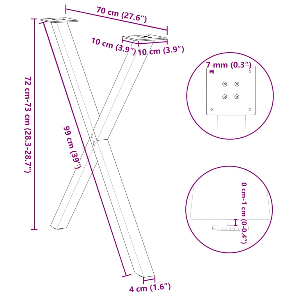 Valgomojo stalo kojelės, X formos, 2 vnt., 70x(72-73)cm plienas
