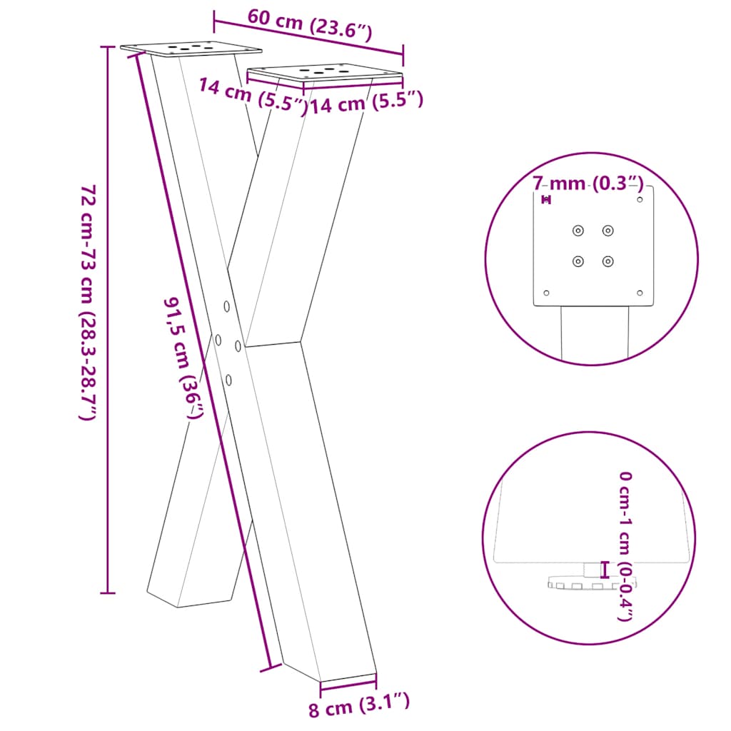 Valgomojo stalo kojos, 2 vnt., baltos, 60x(72-73) cm, plienas, X formos