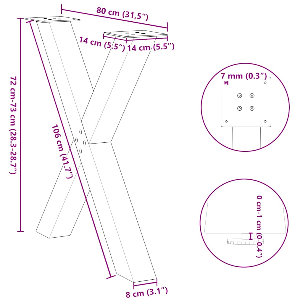 Valgomojo stalo kojelės, X formos, 2 vnt., 80x(72-73)cm plienas