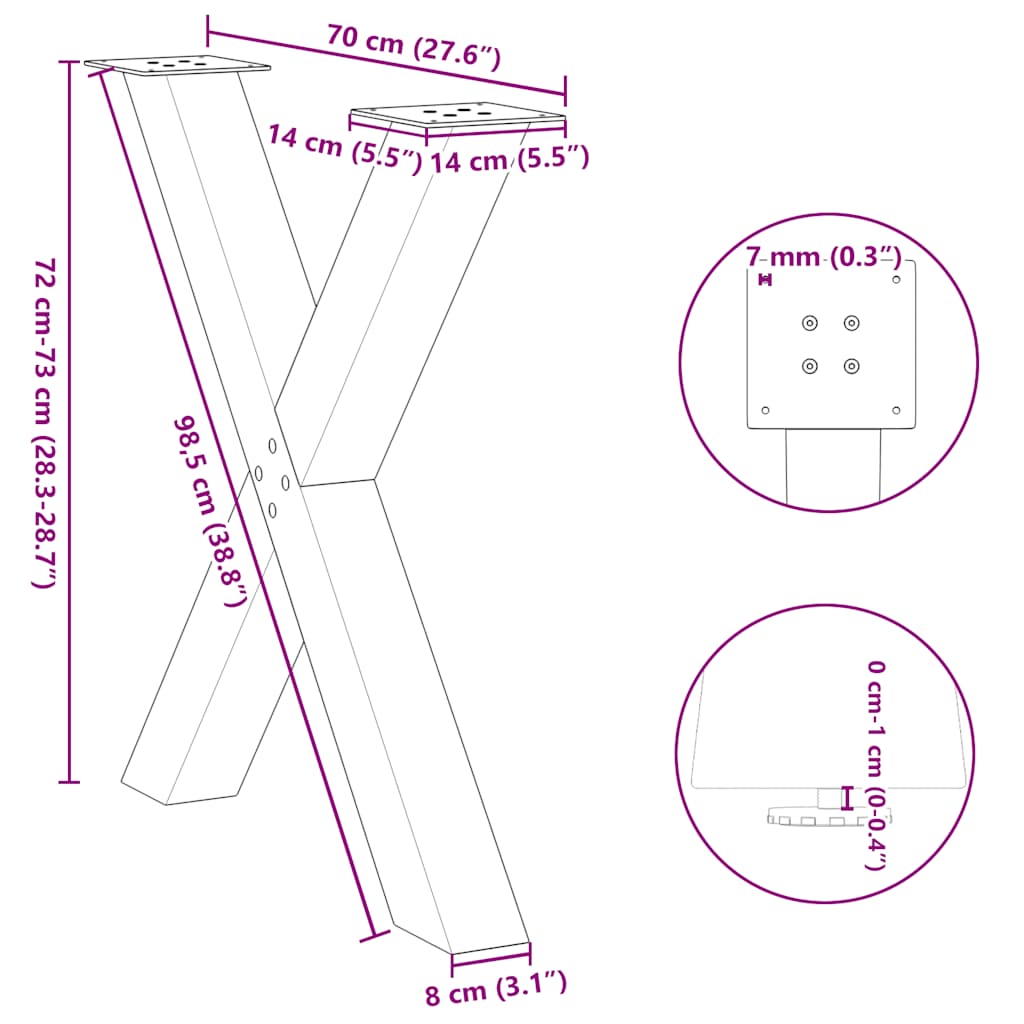 Valgomojo stalo kojelės, X formos, 3 vnt., 70x(72-73)cm plienas