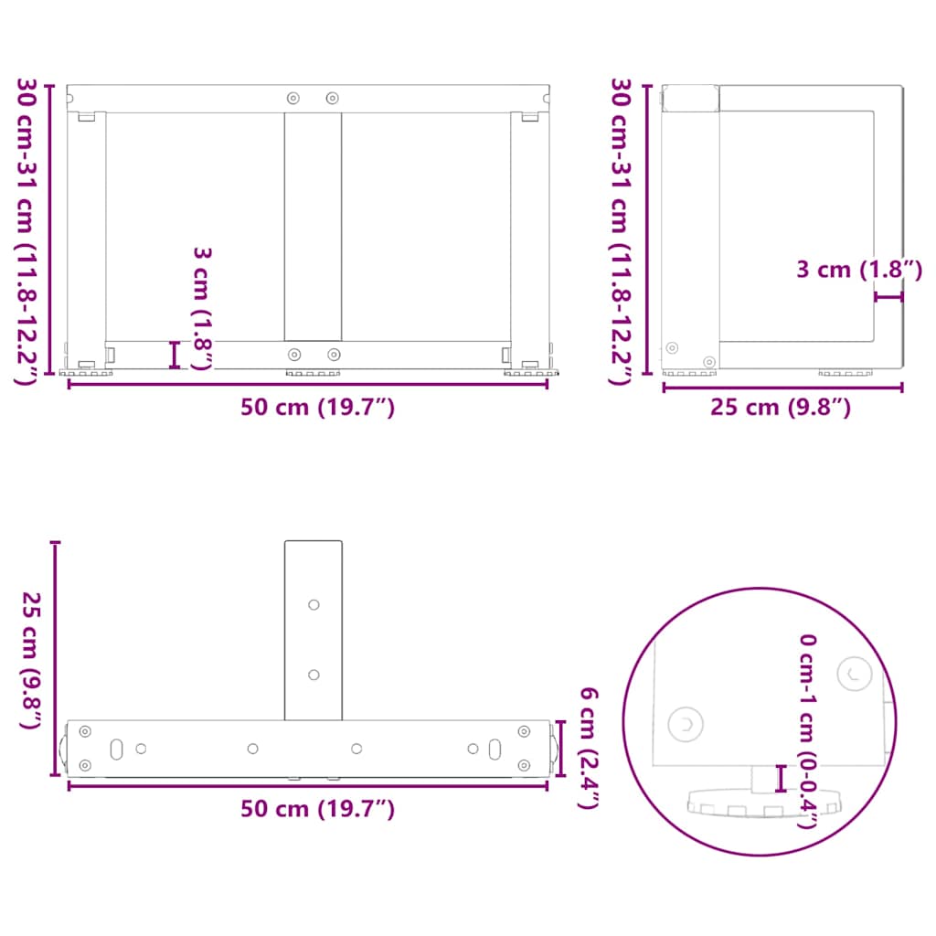 Coffee table legs, T-shaped, 2 pcs., anthracite, 50x25x(30-31) cm, steel