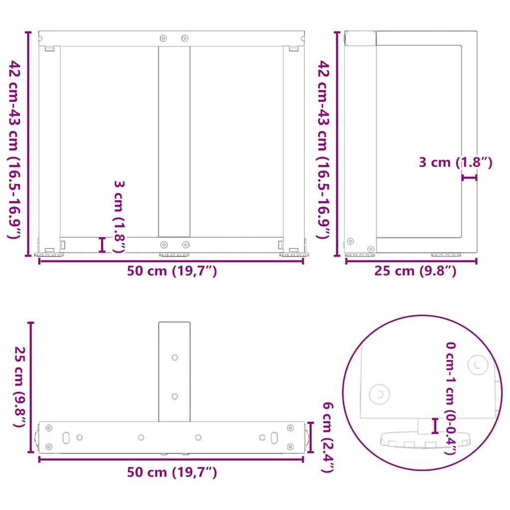 Kavos staliuko kojelės, T formos, 2 vnt., juodos, 50x25x(42-43) cm, plienas