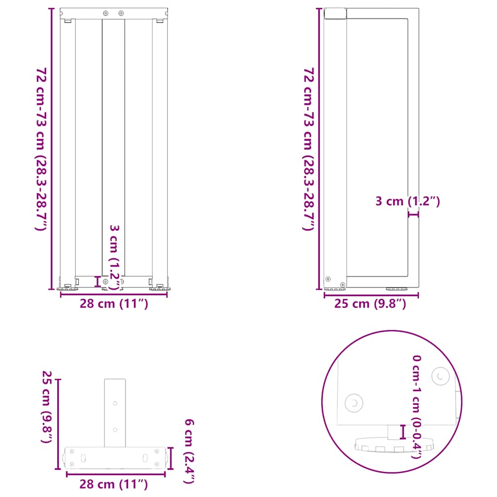 Konsolinio staliuko kojelės, T formos, 2 vnt., juodos, 25x28x(72-73) cm, plienas