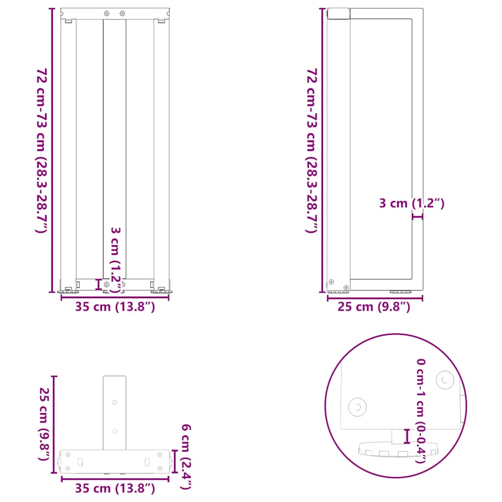 Console table legs, T-shaped, 2 pcs., white, 38x25x(72-73) cm, steel