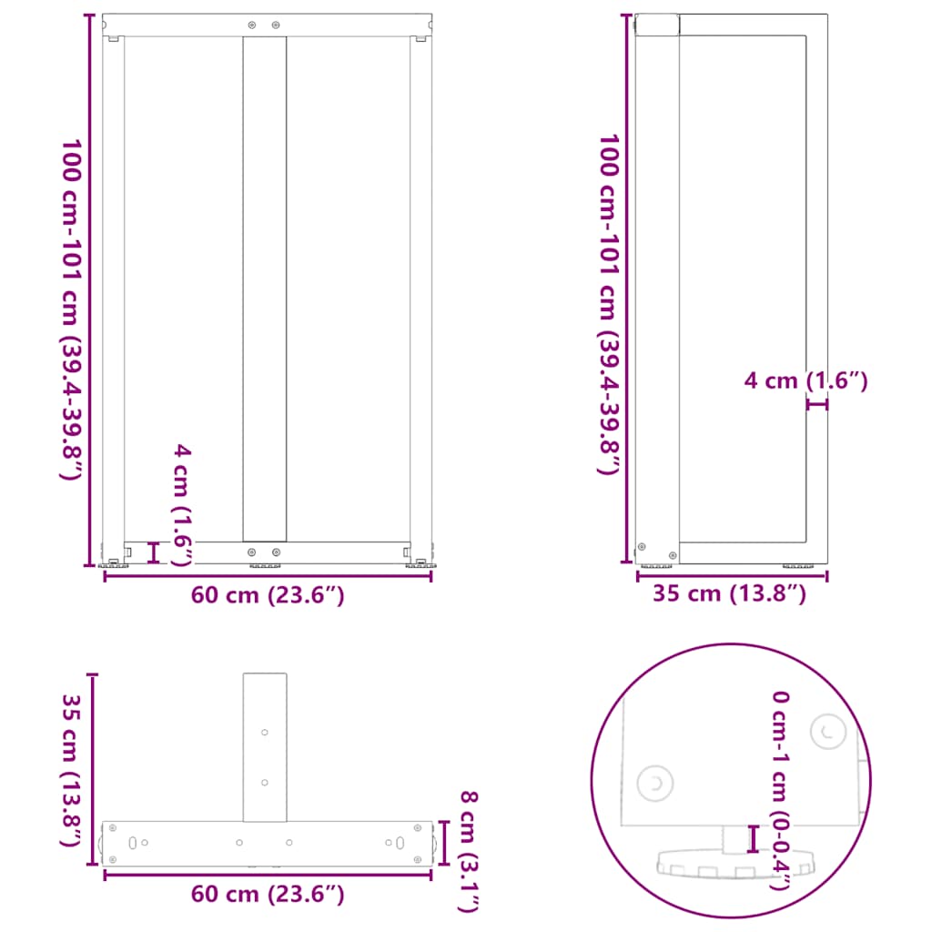 Bar Table Legs, T-shaped, 2 pcs., black, 60x35x(100-101) cm, steel