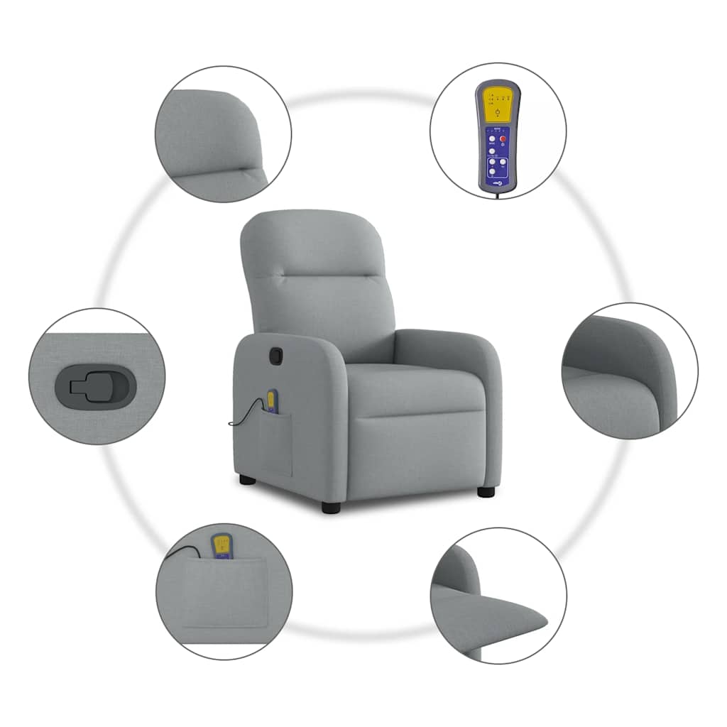 Reclining massage chair, light grey, fabric