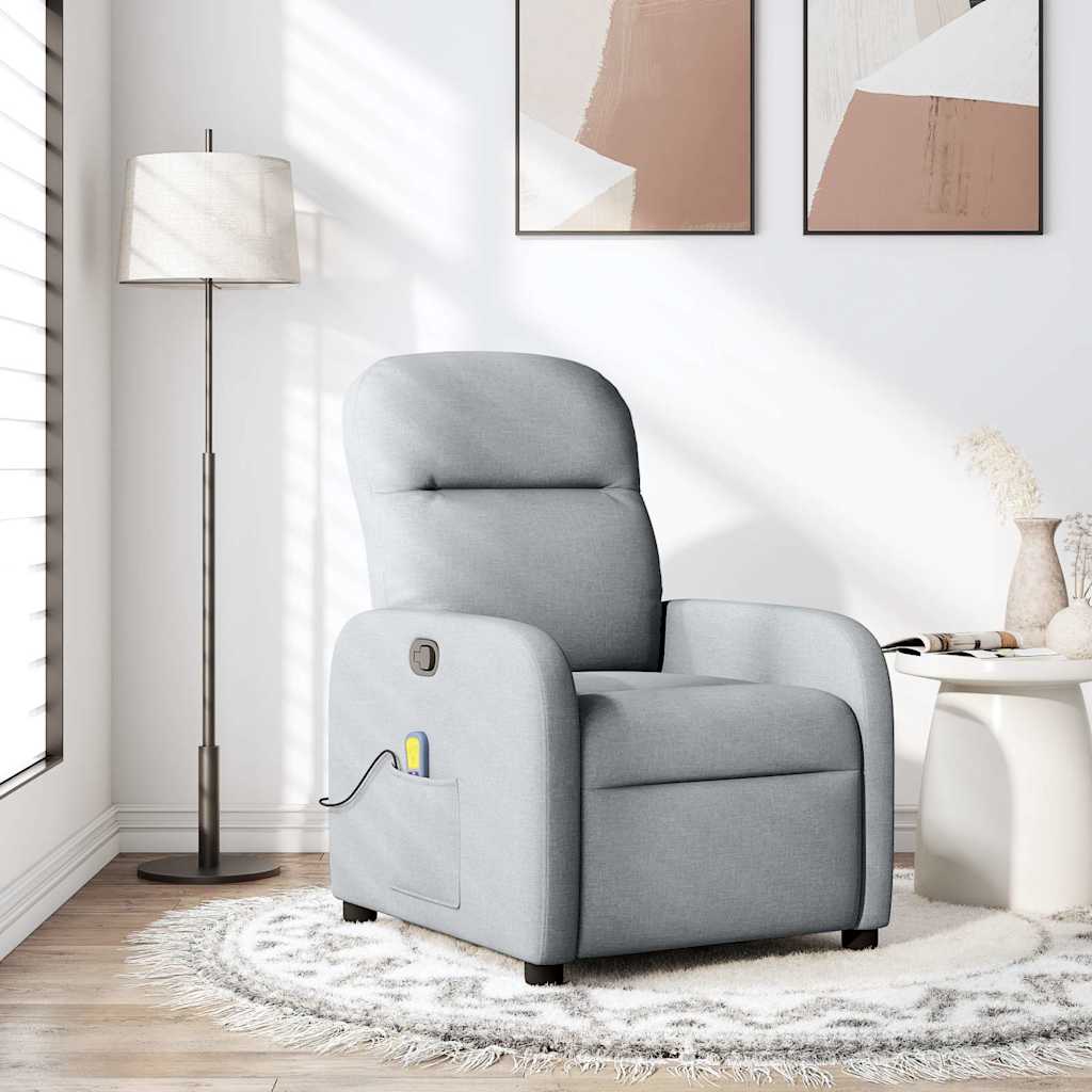 Reclining massage chair, light grey, fabric