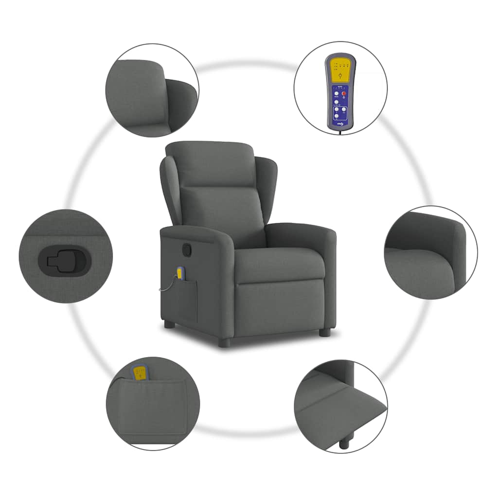 Reclining massage armchair, dark grey, fabric