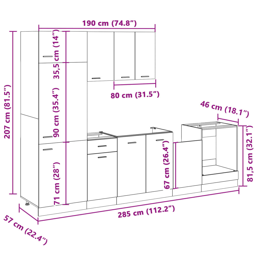 Kitchen cabinet set, 7-piece, "Lyon", oak