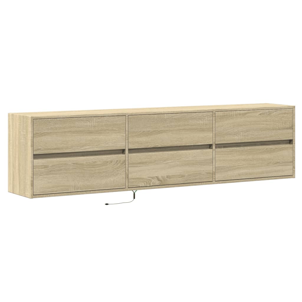 Wall-mounted TV cabinet with LED lights, oak, 180x31x45cm