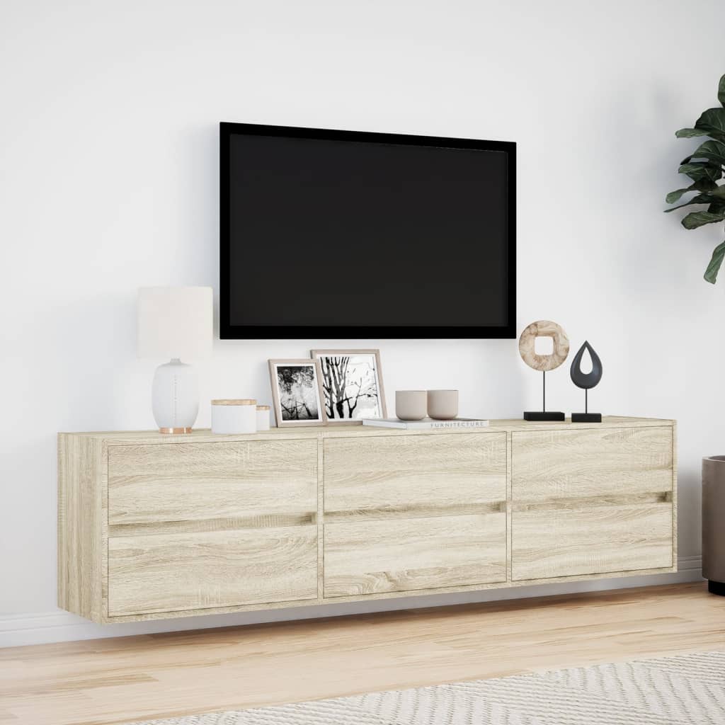 Wall-mounted TV cabinet with LED lights, oak, 180x31x45cm