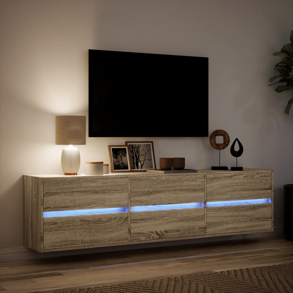 Wall-mounted TV cabinet with LED lights, oak, 180x31x45cm
