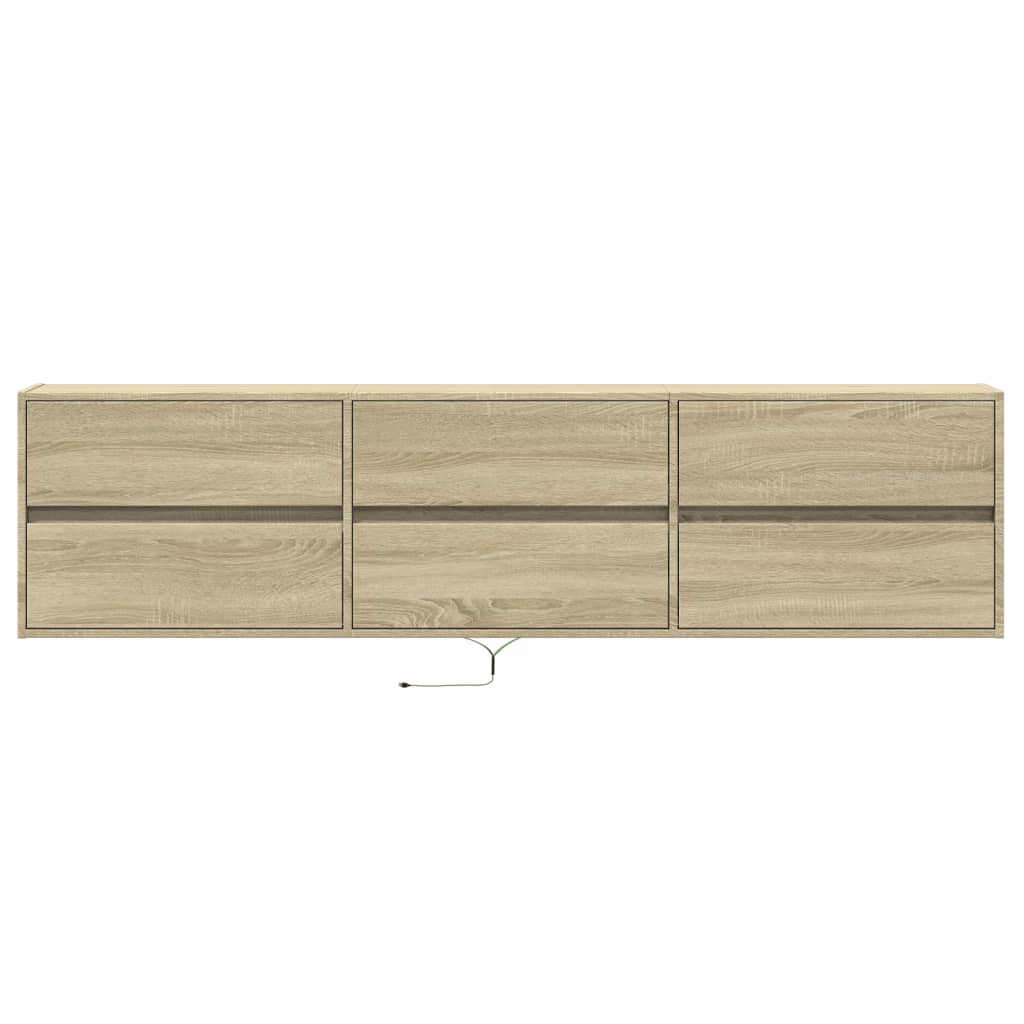 Wall-mounted TV cabinet with LED lights, oak, 180x31x45cm