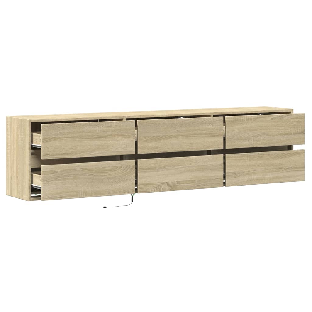 Wall-mounted TV cabinet with LED lights, oak, 180x31x45cm