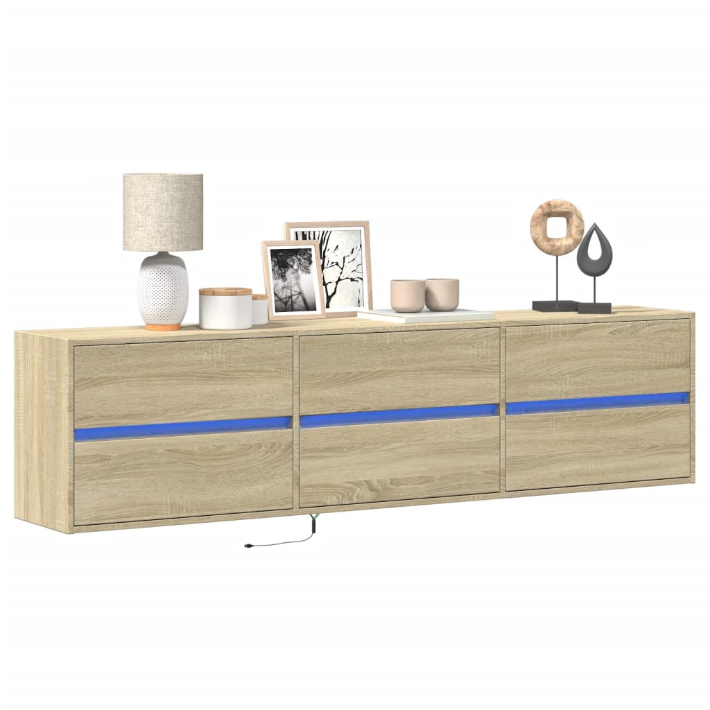 Wall-mounted TV cabinet with LED lights, oak, 180x31x45cm
