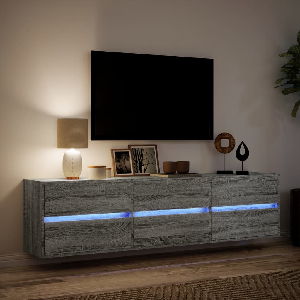 Wall-mounted TV Cabinet with LED Lights, Grey, 180x31x45cm
