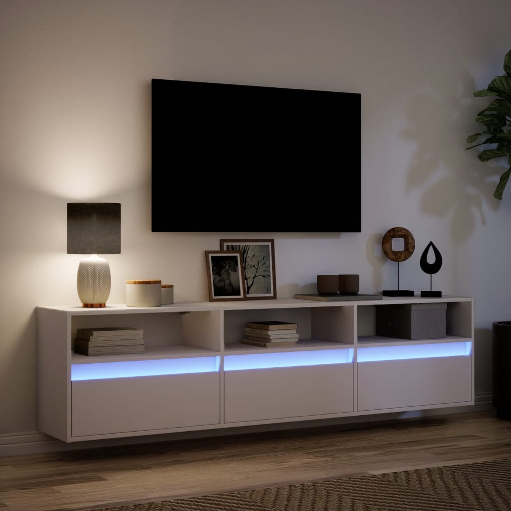 Sienas TV skapis ar LED gaismām, balts, 180x31x45cm