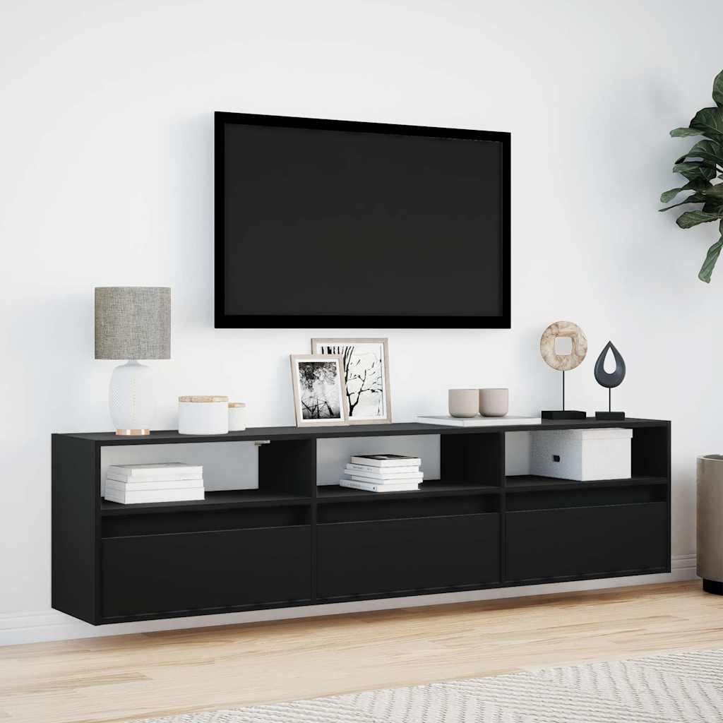 Sieninė TV spintelė su LED, juoda, 180x31x45 cm