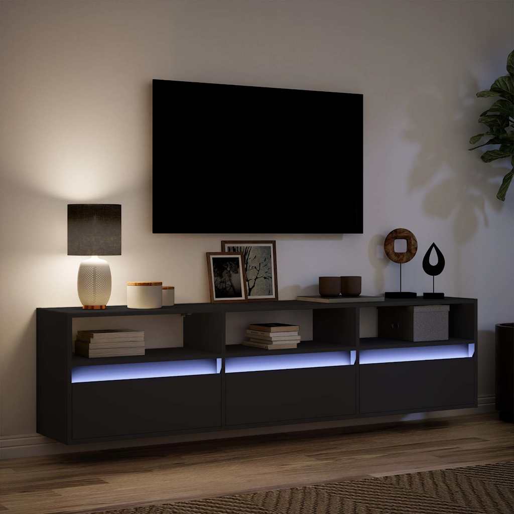Sieninė TV spintelė su LED, juoda, 180x31x45 cm