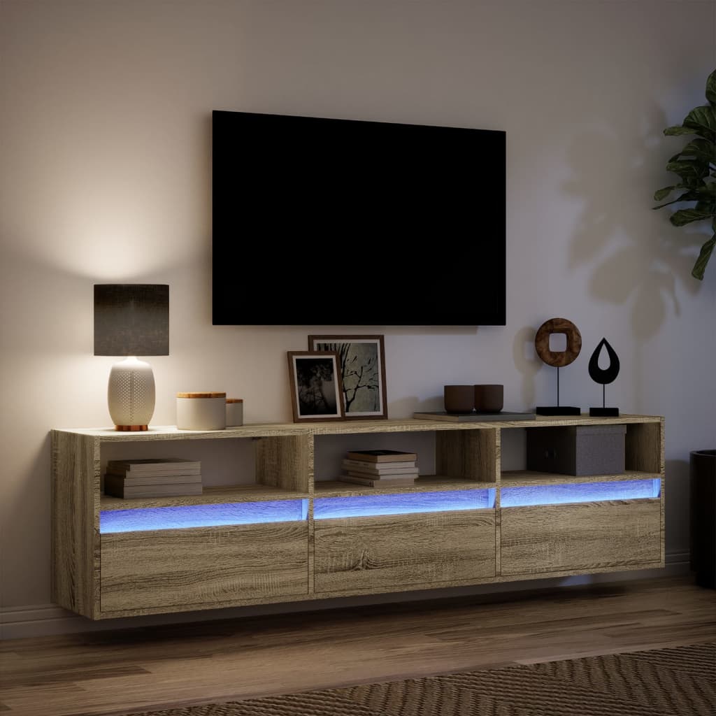 Sieninė TV spintelė su LED lemputėmis, ąžuolo, 180x31x45cm