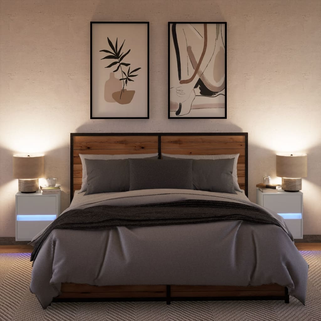 Wall-Mounted Nightstands with LED, 2 pcs., White