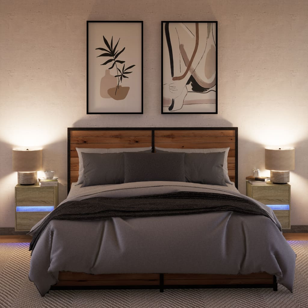 Wall-mounted bedside tables with LED, 2 pcs, oak