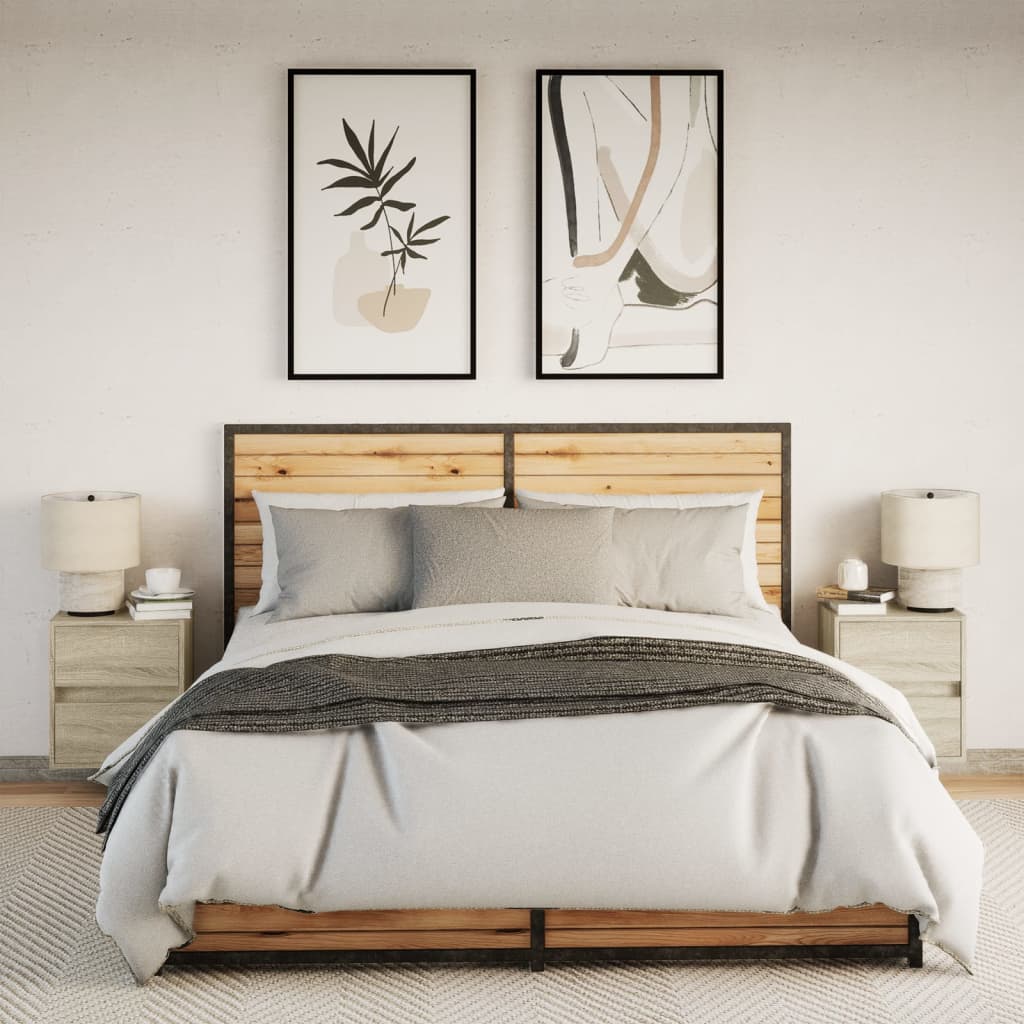 Wall-mounted bedside tables with LED, 2 pcs, oak
