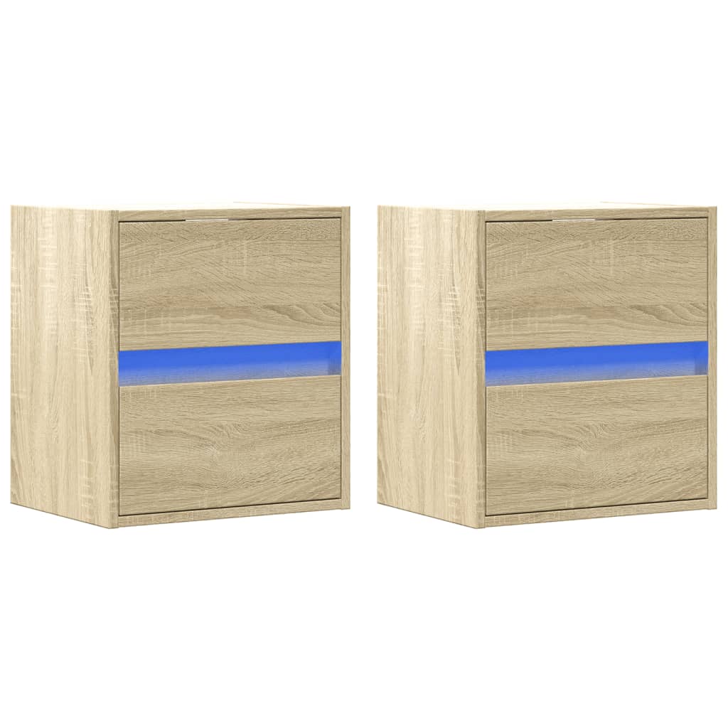 Wall-mounted bedside tables with LED, 2 pcs, oak