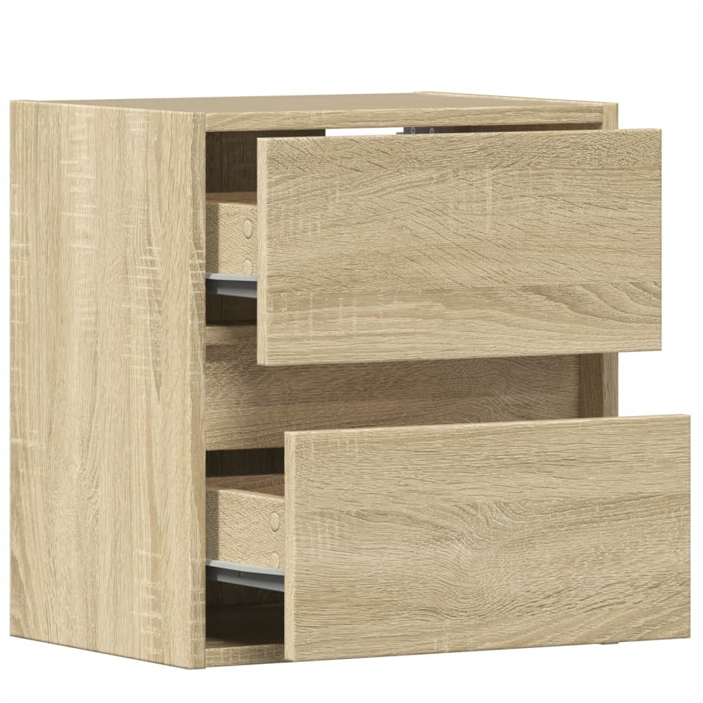 Wall-mounted bedside tables with LED, 2 pcs, oak