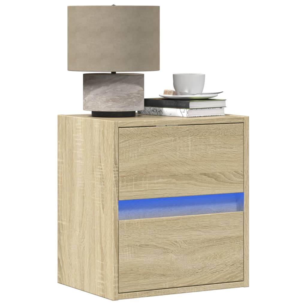 Wall-mounted bedside tables with LED, 2 pcs, oak