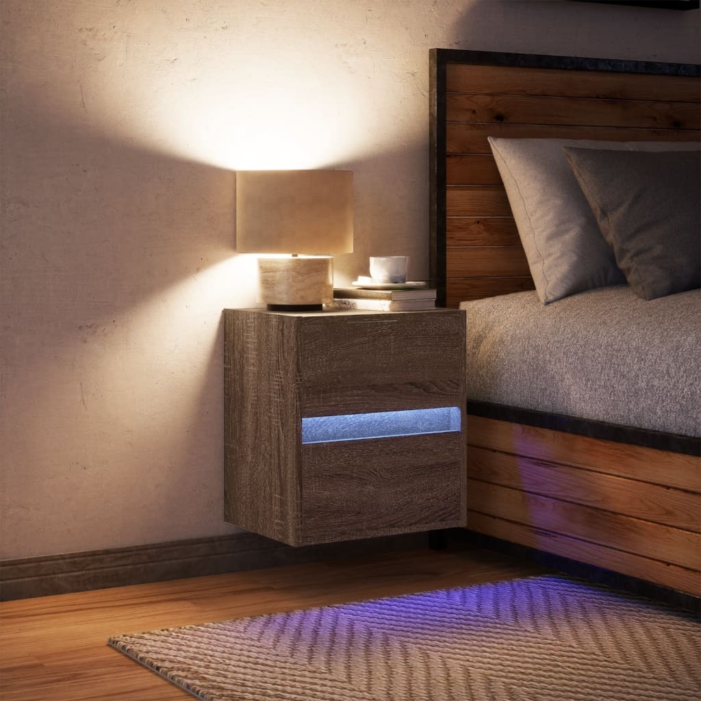 Prie sienos montuojama naktinė spintelė su LED, ruda ąžuolo