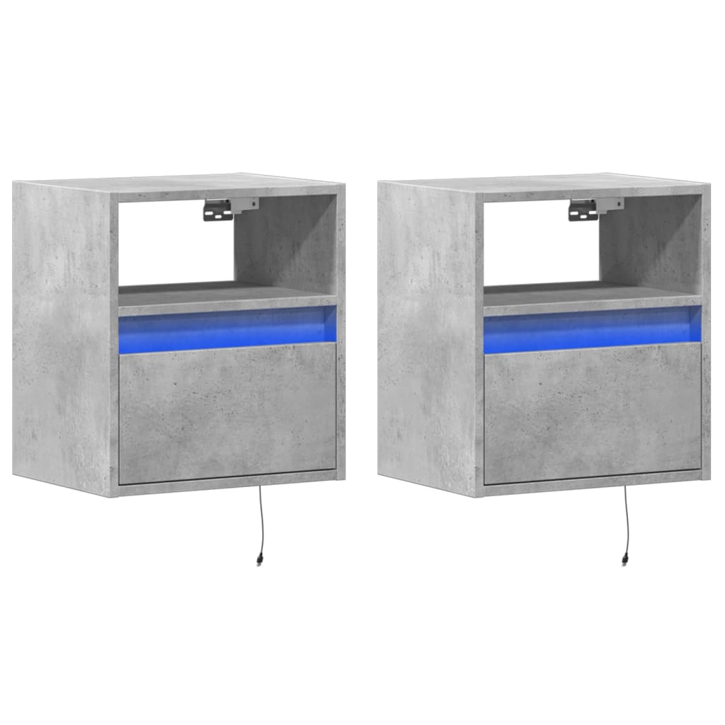 Wall-Mounted Nightstands with LED, 2 pcs, Concrete Grey