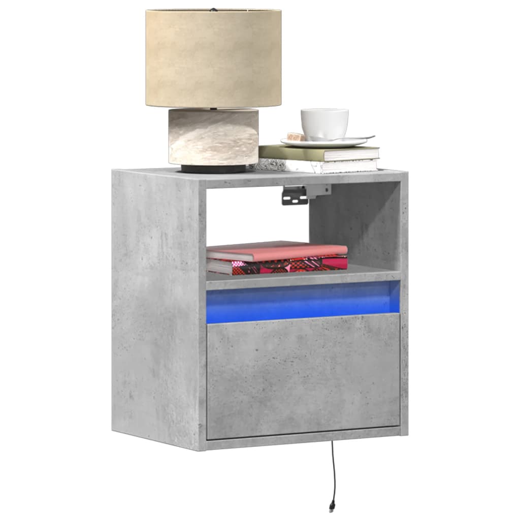 Wall-Mounted Nightstands with LED, 2 pcs, Concrete Grey