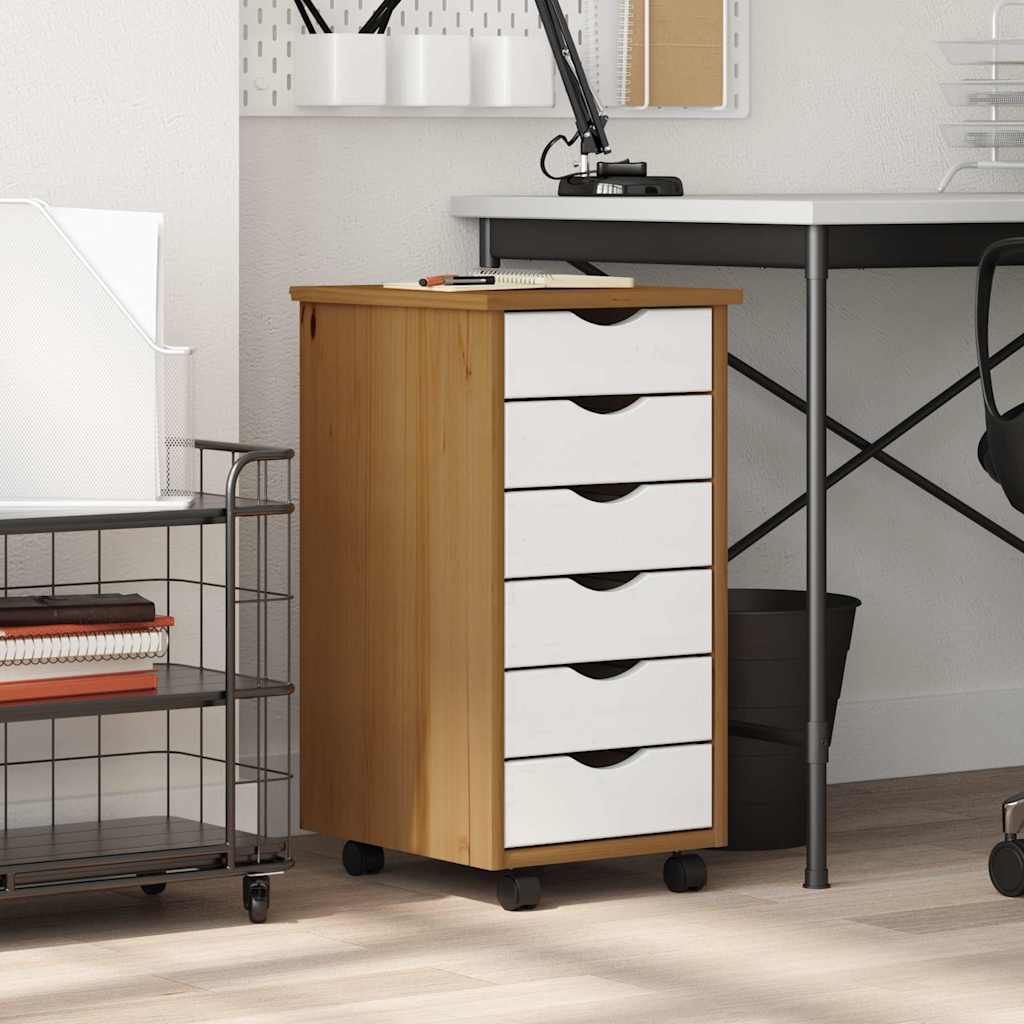 Cabinet with castors and drawers MOSS, brown, solid pine