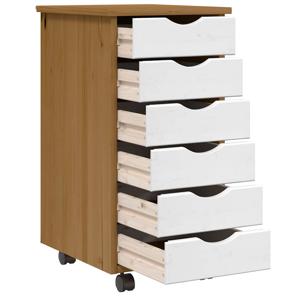 Cabinet with castors and drawers MOSS, brown, solid pine