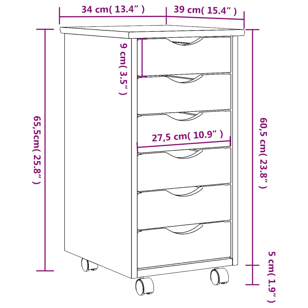 Cabinet with castors and drawers MOSS, brown, solid pine