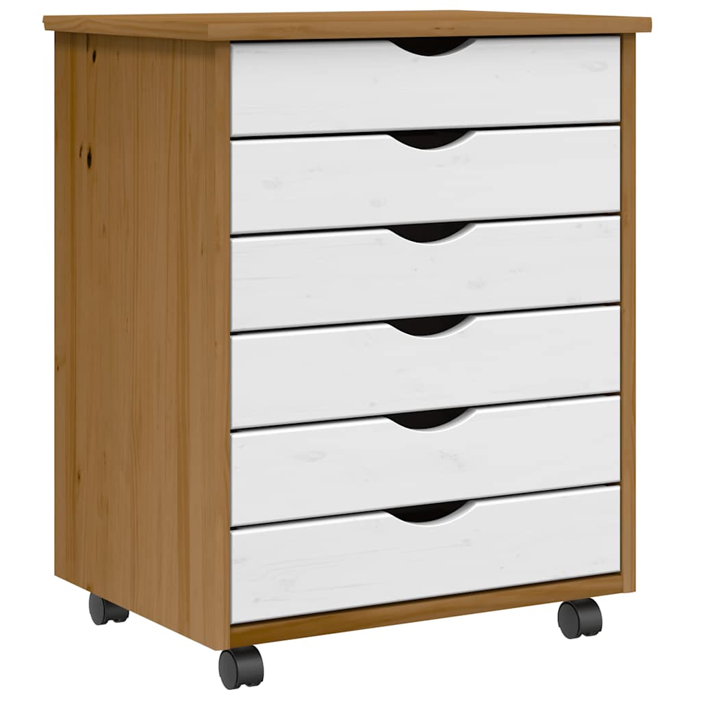 MOSS cabinet with castors and drawers, brown, solid pine