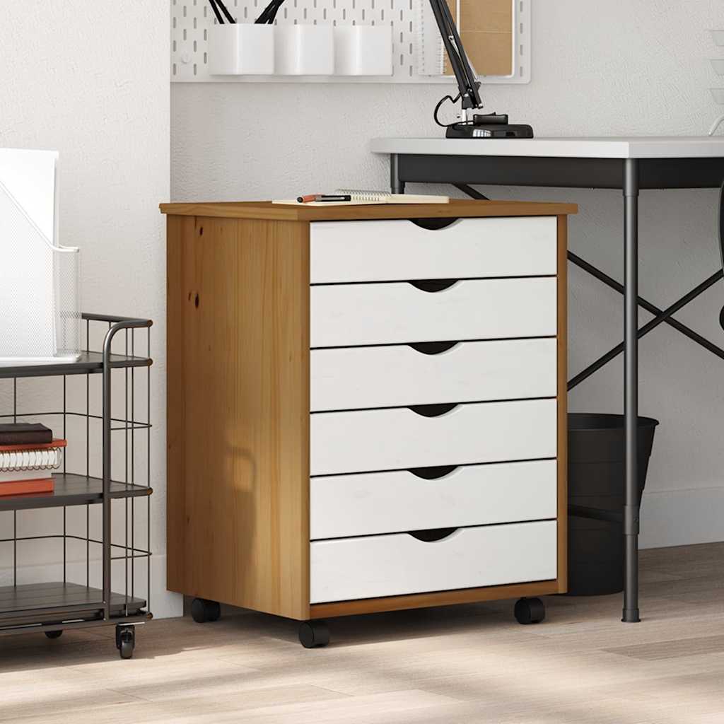MOSS cabinet with castors and drawers, brown, solid pine